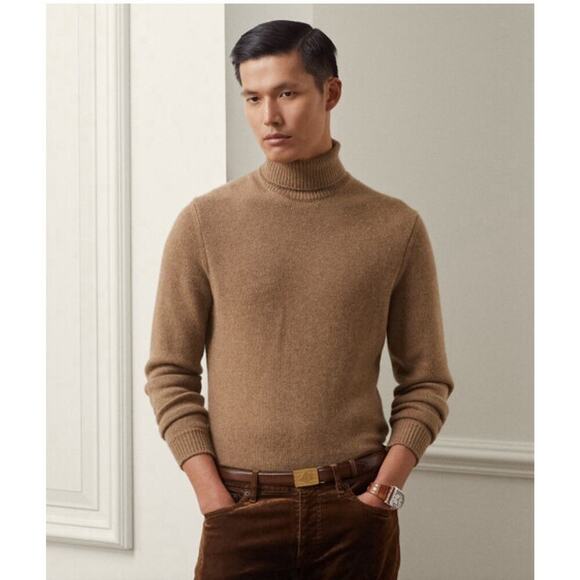Ralph Lauren Purple Label Men's Cashmere Turtleneck Cashmere Sweater Tan Brown L - Picture 1 of 8